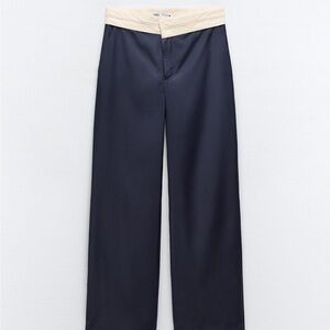 Zara Navy Wide-Leg Pants with Cream Waistband